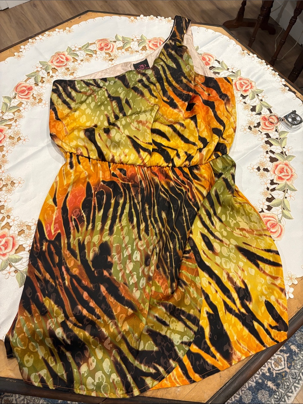 2B Bebe One-Shoulder Animal-Print Dress in Green, Orange, Yellow & Black